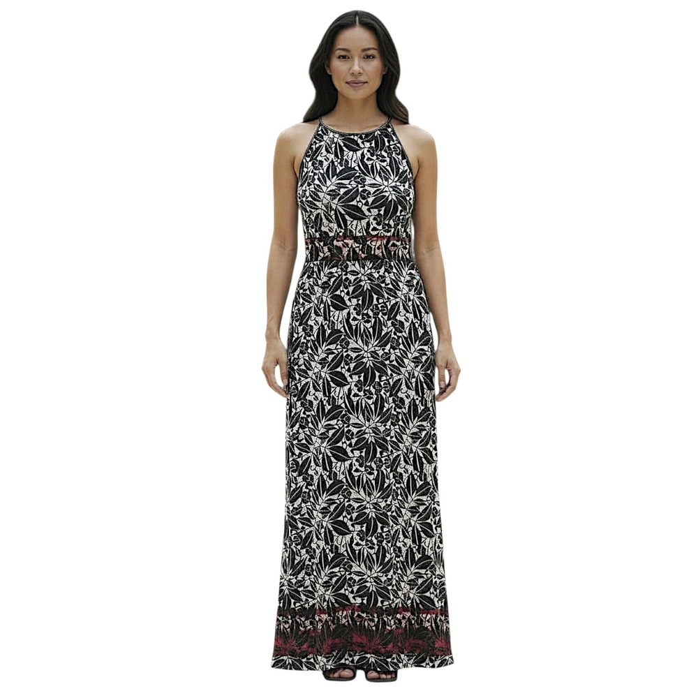 Max Studio Maxi Dress‎ XS Black White Floral Halter Sleeveless Wedding Party NEW